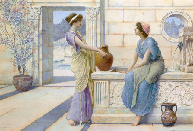 Two women from ancient Greece filling their water jugs at a fountain (Women of Corinth).  Painting by Henry Ryland